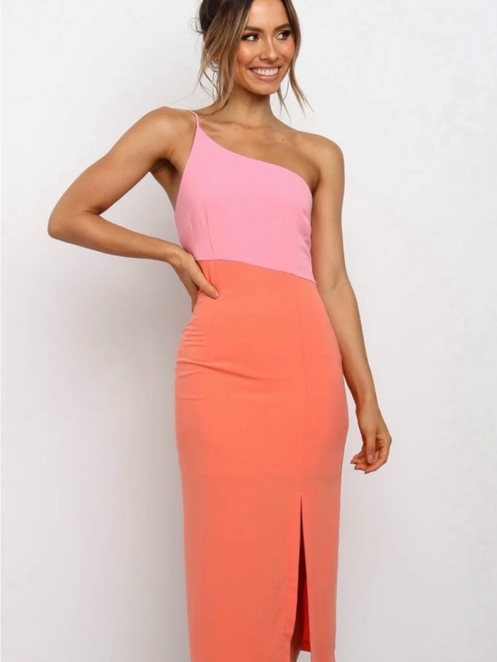 Petal & Pup Two-Tone Pink and Coral One-Shoulder Asymmetrical Midi Dress